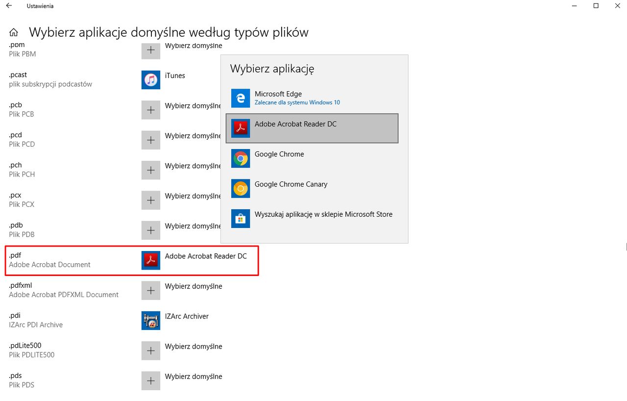 Ustawienia domyślnych aplikacji w Windows 10.