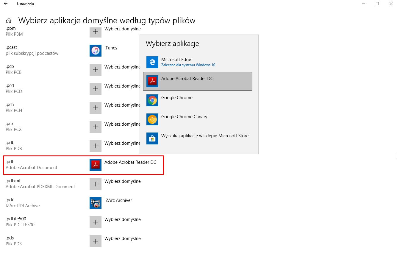 Ustawienia domyślnych aplikacji w Windows 10.
