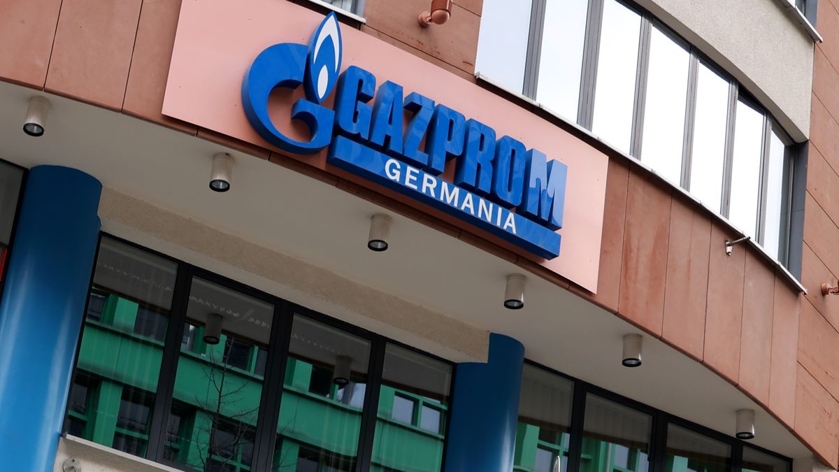 Signage for Gazprom Germania Gmbh at the building that houses the company's corporate headquarters in Berlin, Germany, on Tuesday, April 5, 2022. Germany will temporarily take control of the unit of Gazprom PJSC in the country as it seeks to safeguard security of gas supply. Photographer: Liesa Johannssen-Koppitz/Bloomberg via Getty Images