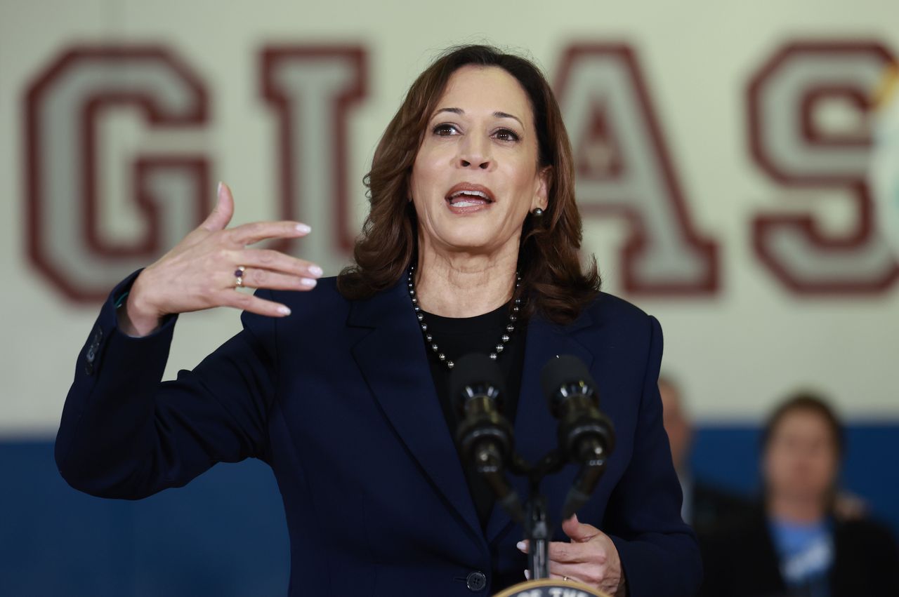 PARKLAND, FLORIDA - MARCH 23: U.S. Vice President Kamala Harris speaks to the media during a visit to Marjory Stoneman Douglas High School on March 23, 2024, in Parkland, Florida. Harris spoke about gun safety measures after a meeting with the families whose loved ones were murdered during the 2018 mass shooting that took the lives of 14 students and three staff members. (Photo by Joe Raedle/Getty Images)