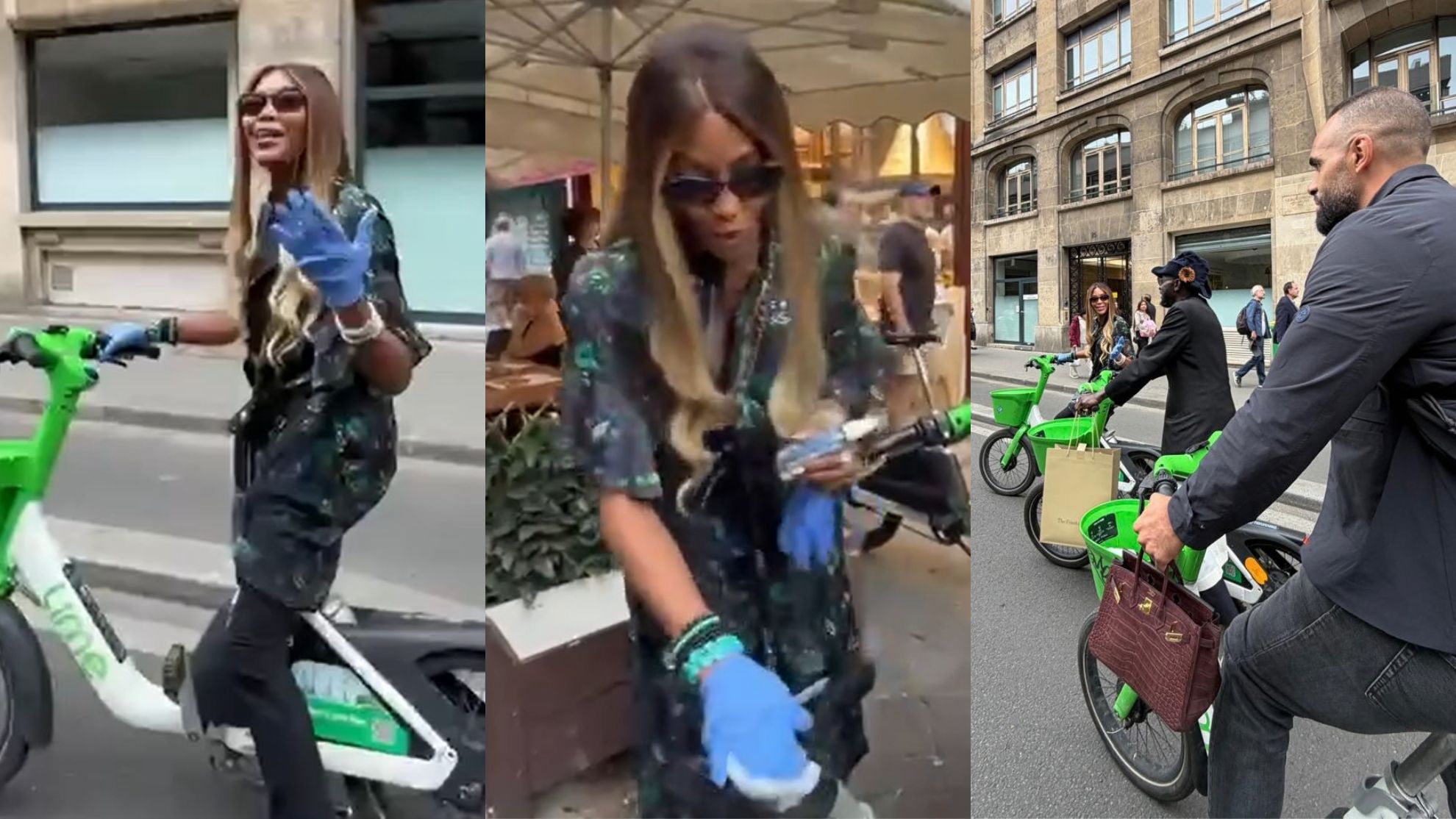 Naomi Campbell w rękawiczkach pruje przez Paryż na rowerze