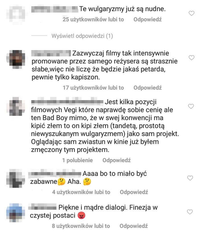 Komentarze pod nowym fragmentem filmu Patryka Vegi na Instagramie