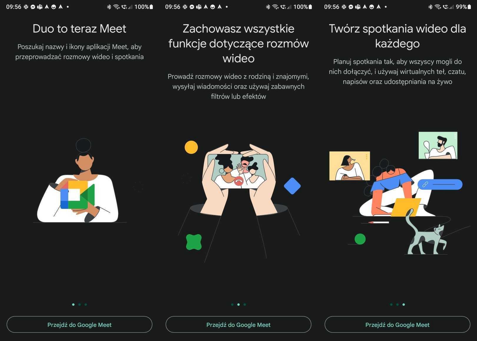 Google informuje użytkowników o połączeniu Duo z Google Meet.