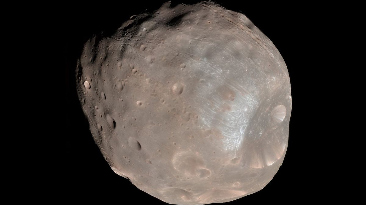 Tak wyglądał Fobos w 2008&nbsp;r. Zdjęcie wykonała sonda Mars Recoinassance Orbiter