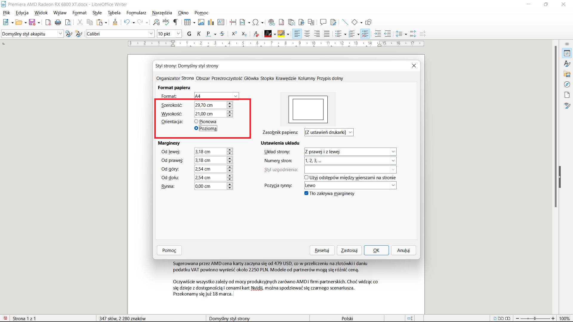Aby zmienić orientację strony przechodzimy do zakładki strona.