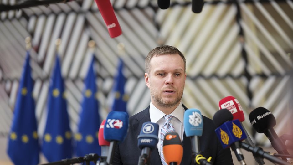BRUSSELS, BELGIUM - MARCH 18: Lithuanian Minister of Foreign Affairs Gabrielius Landsbergis is talking to media prior the start of an EU Foreign Affairs Ministers meeting in the Europa building, the EU Council headquarter on March 18, 2024 in Brussels, Belgium. The Council will exchange views on the latest developments in Belarus, focusing on the deteriorating human rights situation and the continued support provided by the Belarusian regime to Russia's war of aggression against Ukraine. They will also discuss the situation in the Middle East, including developments on the ground and in the wider region. (Photo by Thierry Monasse/Getty Images)