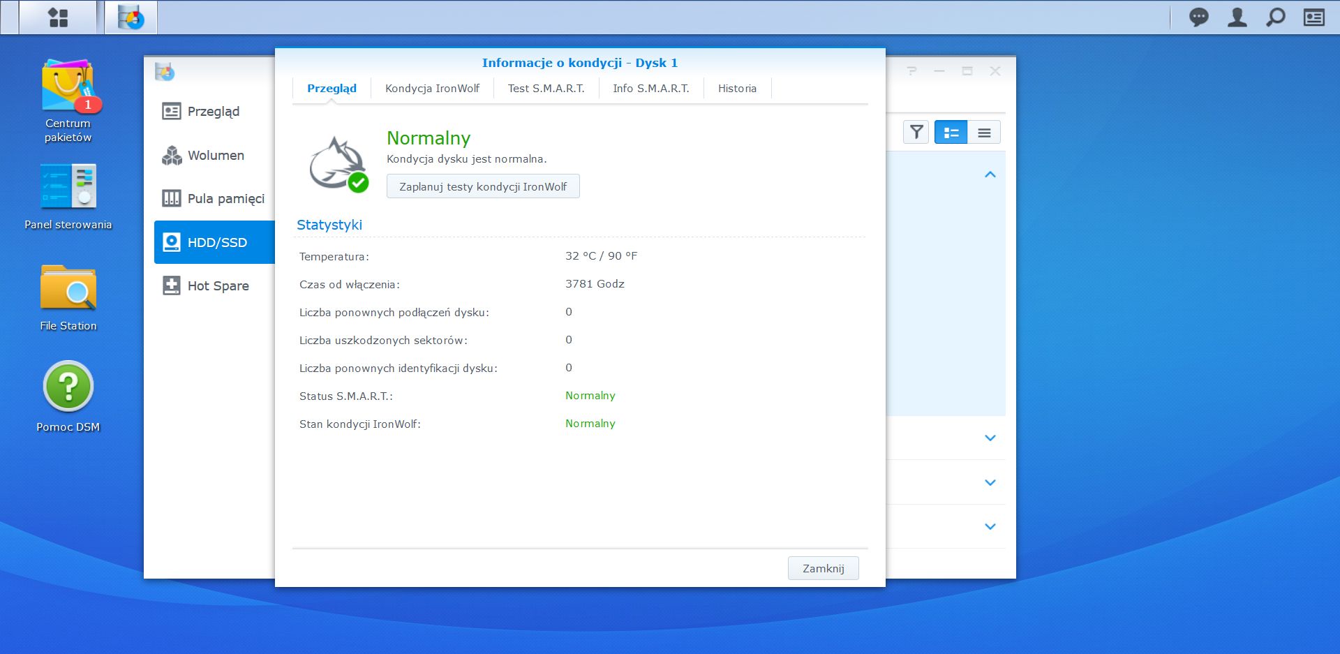 Parametry pracy jednego z dysków IronWolf