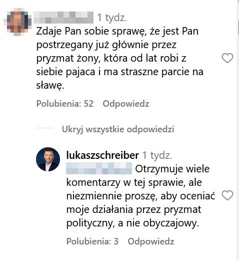 Łukasz Schreiber ocenia działalność żony  i uderza we freak fighty