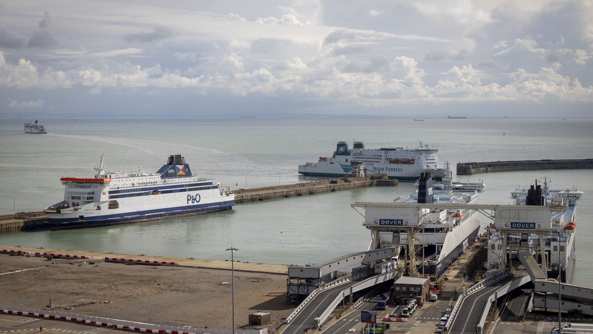 P&O, Irish and DFDS ferries in the Eastern Dock of the Port of Dover is where the cross channel port is situated with ferries departing here to go to Calais in France. Dover, Kent, United Kingdom on the 22nd of September 2023.  Dover is the nearest port to France with just 34 kilometres (21 miles) between them. It is one of the busiest ports in the world. As well as freight container ships it is also the main port for P&O and DFDS Seaways ferries.  (photo by Andrew Aitchison / In pictures via Getty Images)