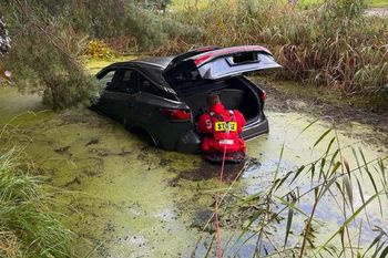 Lexus zatopiony w stawie. Kierowca w szoku. Dostał mandat