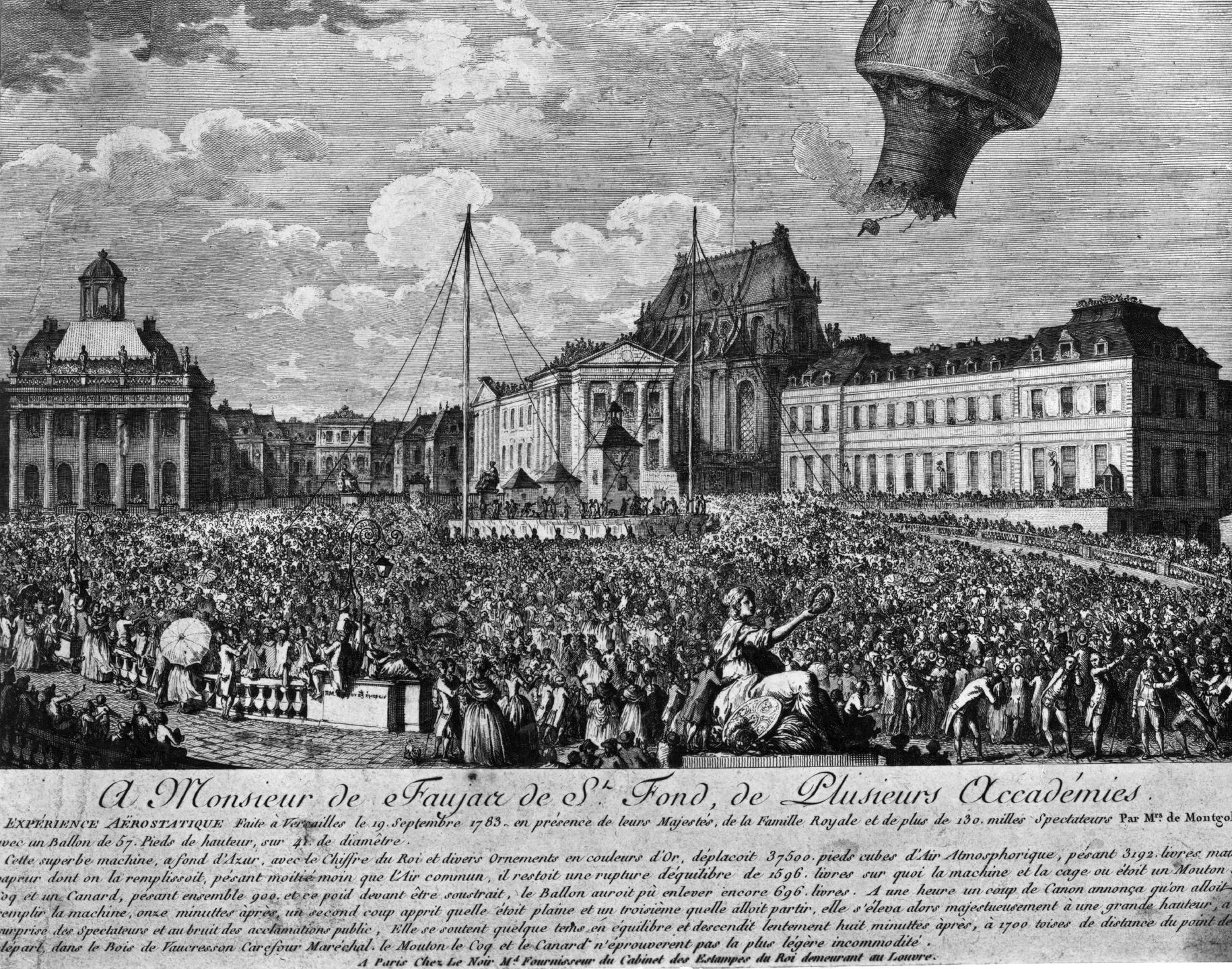 Ilustracja upamiętniająca lot balonem kaczki, koguta i owcy. Paryż, 1783 r. 