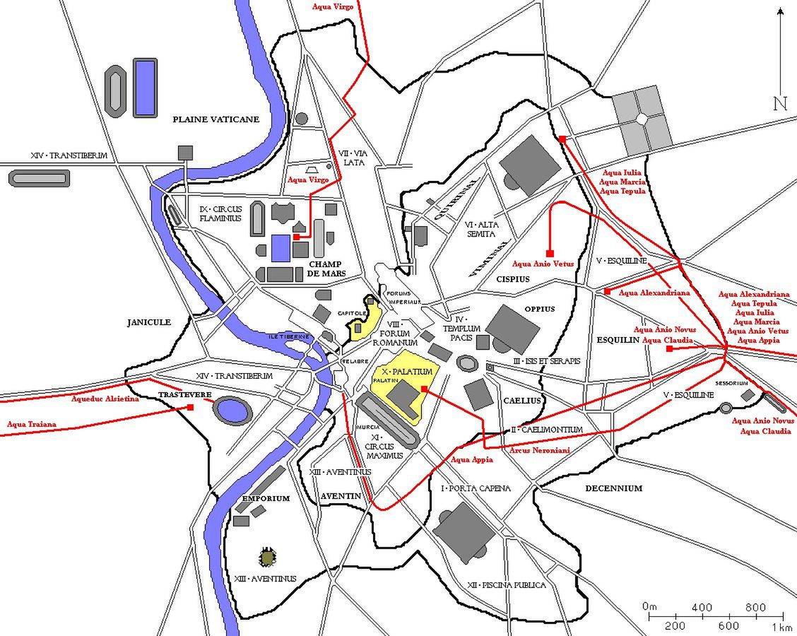 Mapa jedenastu akweduktów doprowadzających wodę do starożytnego Rzymu