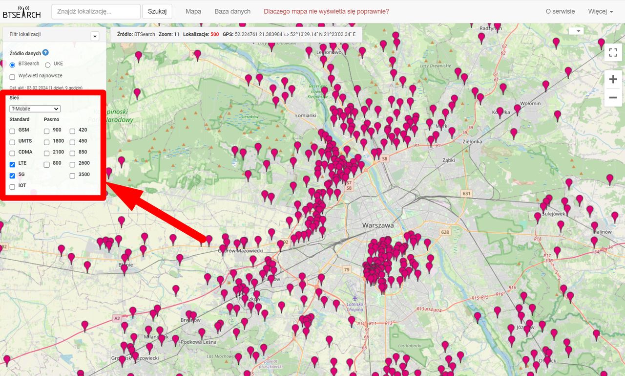 Mapa BTSearch - przykładowe filtrowanie danych