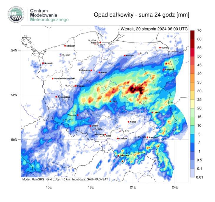  Mapa IMGW z sumą opadów z 24 godzin