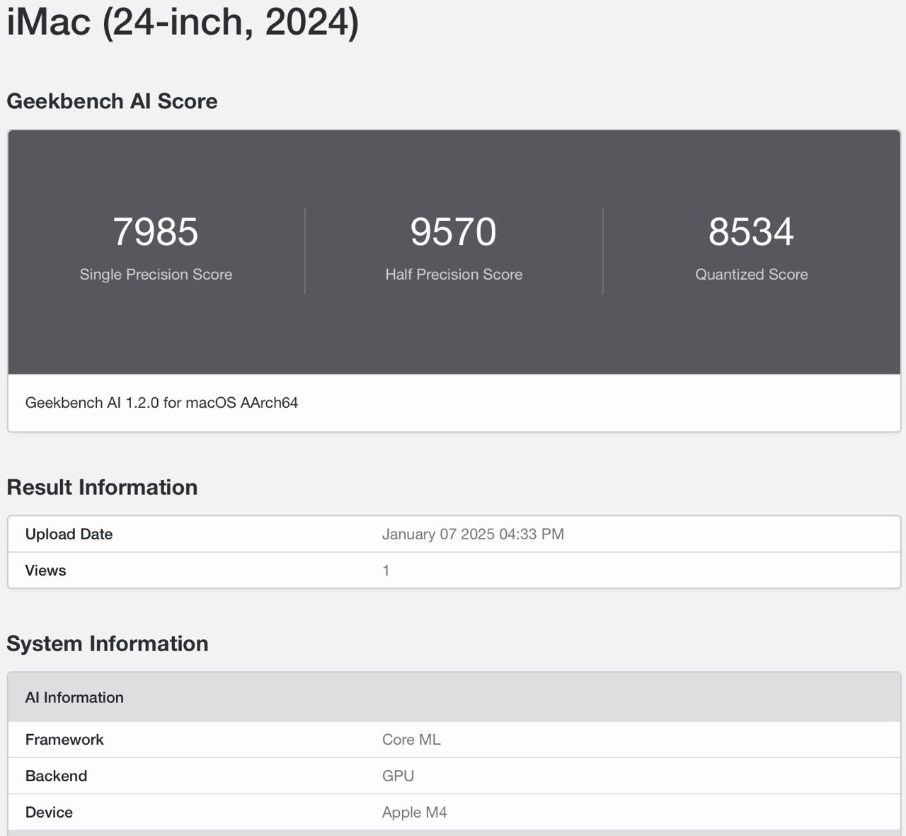 iMac M4 geekbench 6 AI GPU