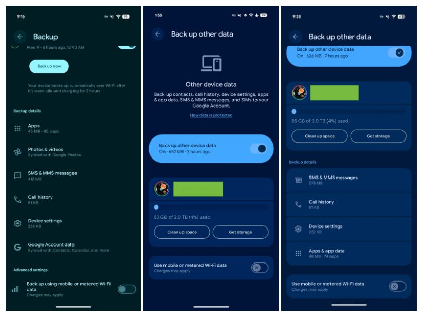 Ustawienia kopii zapasowej: wcześniej, po zmianach i po korekcie