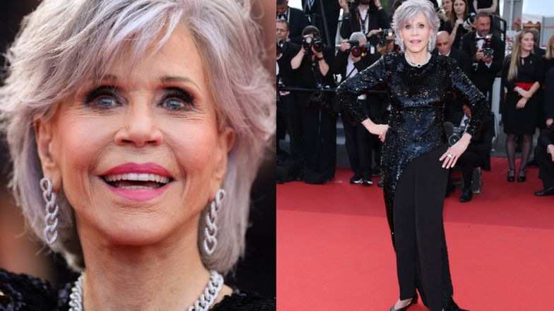 85-letnia Jane Fonda OLŚNIEWA w Cannes. Postawiła na czerń, cekiny i wyrazistą biżuterię (ZDJĘCIA)