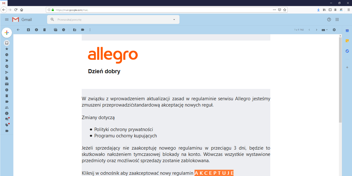 Mail phishingowy wymierzony w użytkowników Allegro.