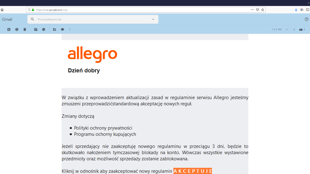 Mail phishingowy wymierzony w użytkowników Allegro.