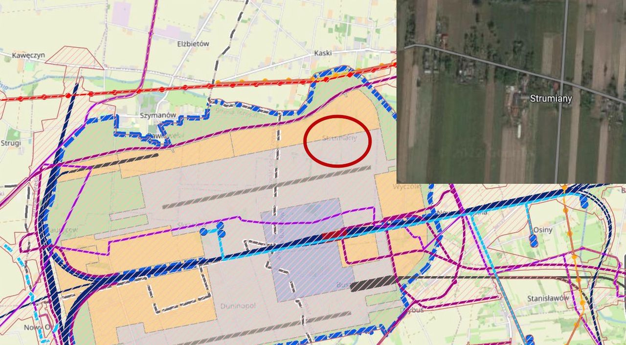 Mapa planowanego lotniska CPK z naniesiona lokalizacją wsi Strumiany