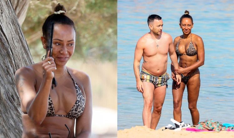 Mel B w skąpym cętkowanym bikini grasuje po plaży na Ibizie