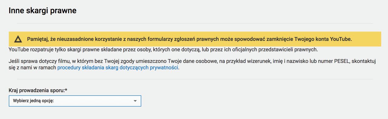 Ostrzeżenie przy zgłaszaniu naruszenia praw na YouTube