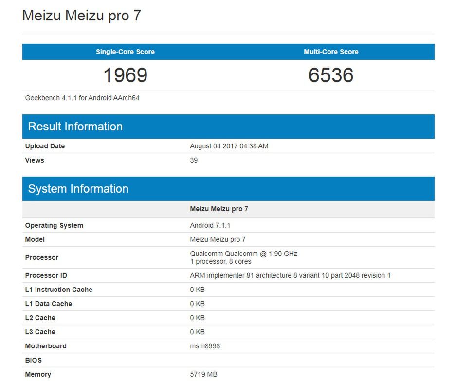 Meizu Pro 7 ze Snapdragonem 835 w bazie Geekbench