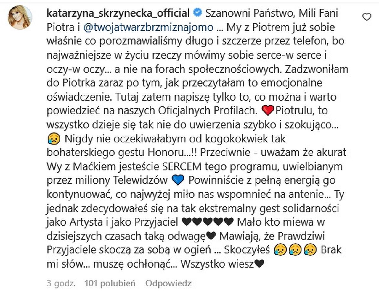 Katarzyna Skrzynecka podziękowała na Instagramie za wsparcie