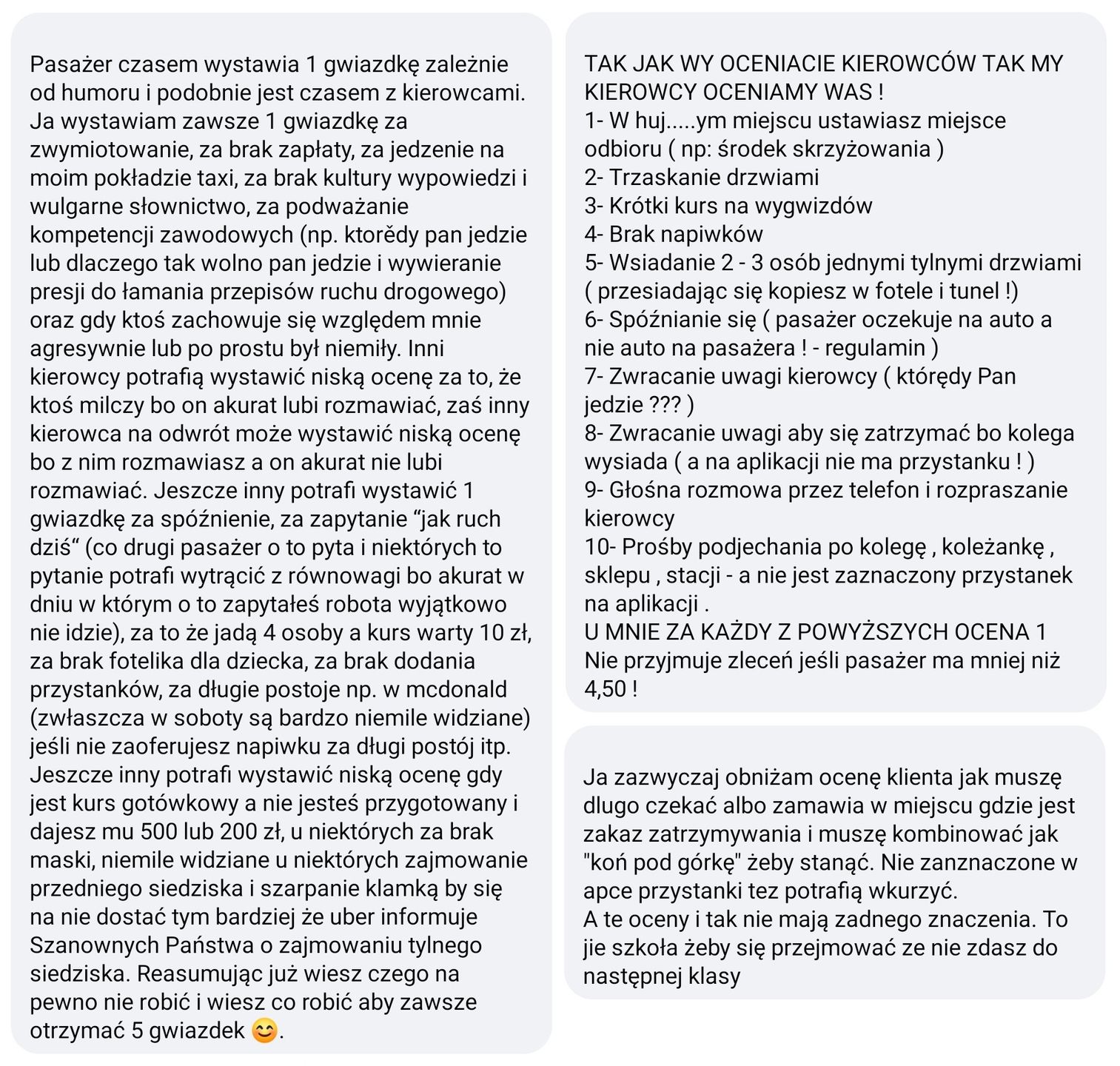 Komentarze kierowców Ubera