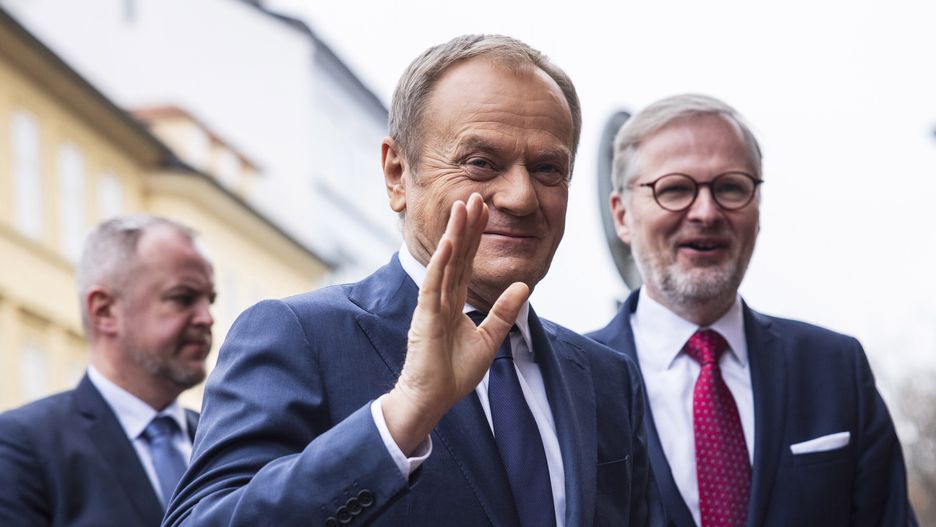 Donald Tusk, Poland's prime minister, arrives for a meeting in Prague, Czechia, on Tuesday, Feb. 27, 2024. The Prime Ministers of Poland, Czech Republic, Hungary and Slovakia will meet in Prague to discuss energy security, the European Union's strategic goals and migration policies. Photographer: Milan Jaros/Bloomberg via Getty Images
