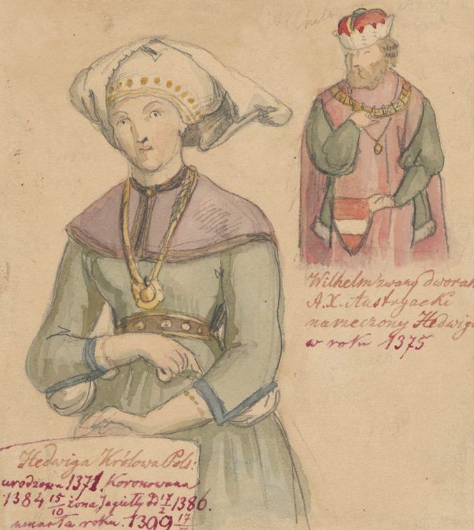Jadwiga Andegaweńska i Wilhelm Habsburg. Rysunek Aleksandra Lessera