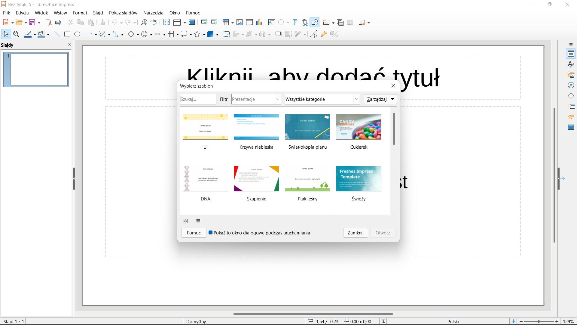 Wybór szablonu prezentacji w programie LibreOffice Impress.