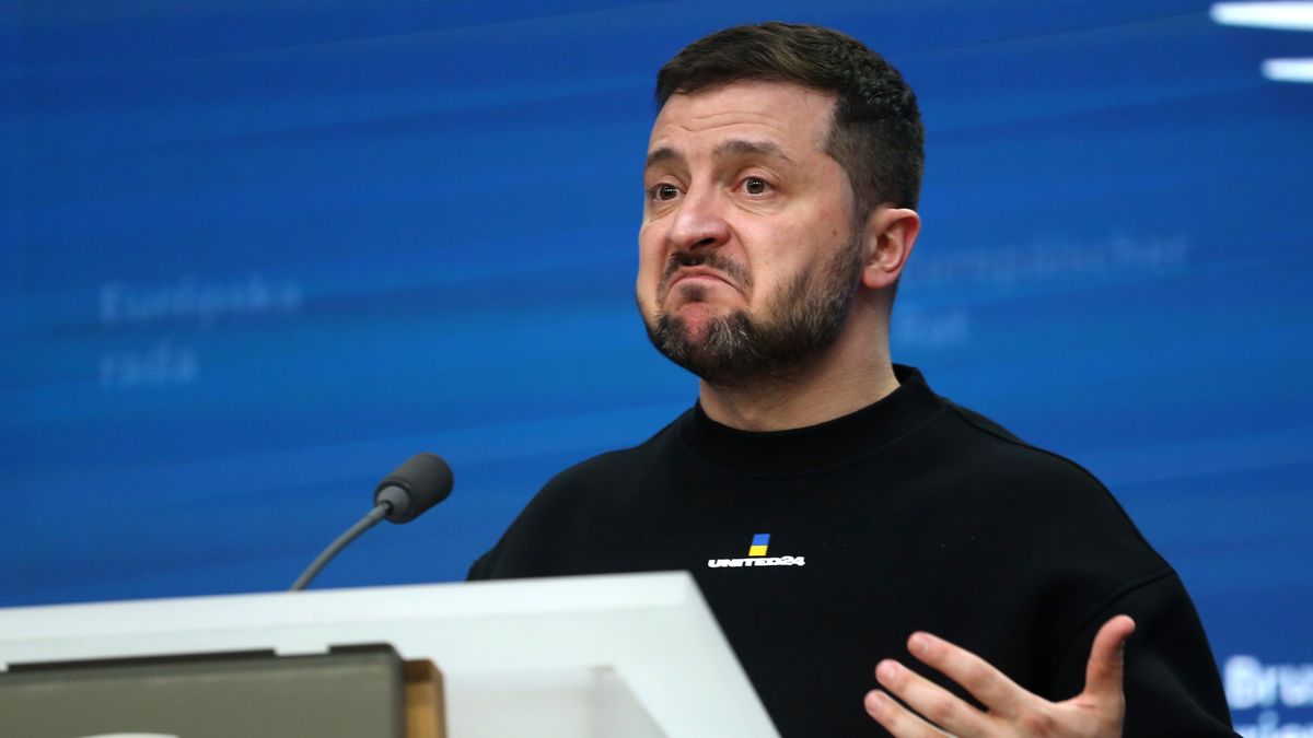Volodymyr Zelenskiy, Ukraine's president, during a news conference following an extraordinary European Union leaders summit at the European Council headquarters in Brussels, Belgium, on Thursday, Feb. 9, 2023. Zelenskiy urged expanded sanctions against Vladimir Putin's regime, including against missile and drone production. Photographer: Valeria Mongelli/Bloomberg via Getty Images