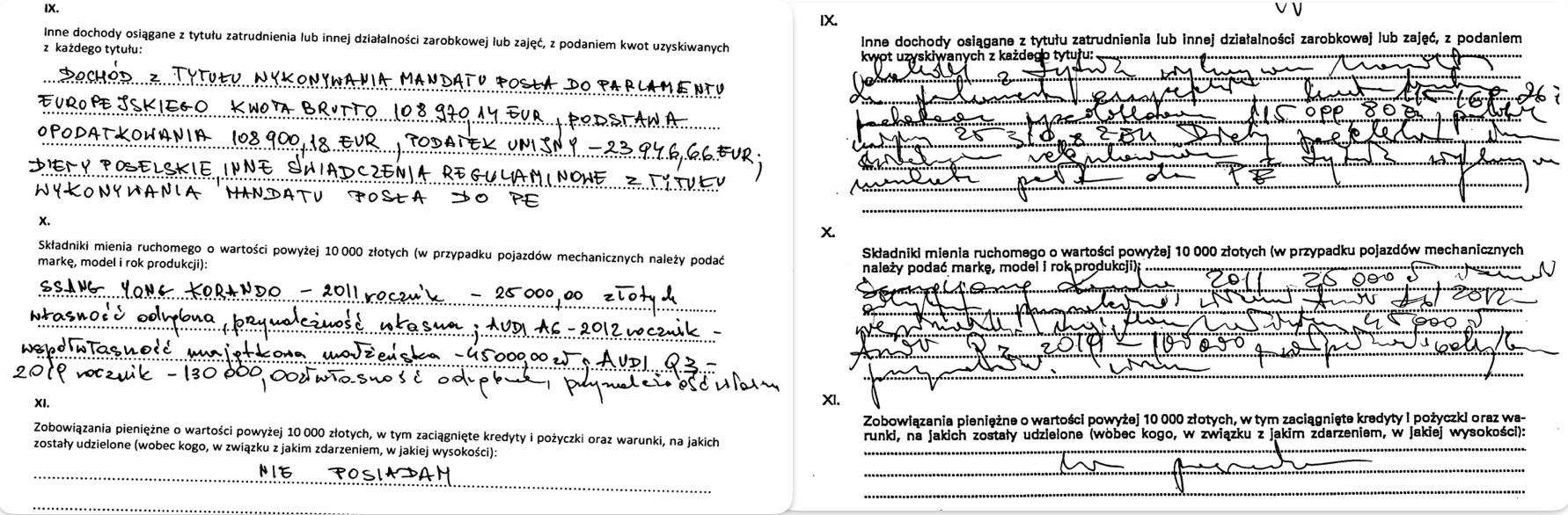 Oświadczenia majątkowe Beaty Szydło z lat 2021 (po lewiej i 2022