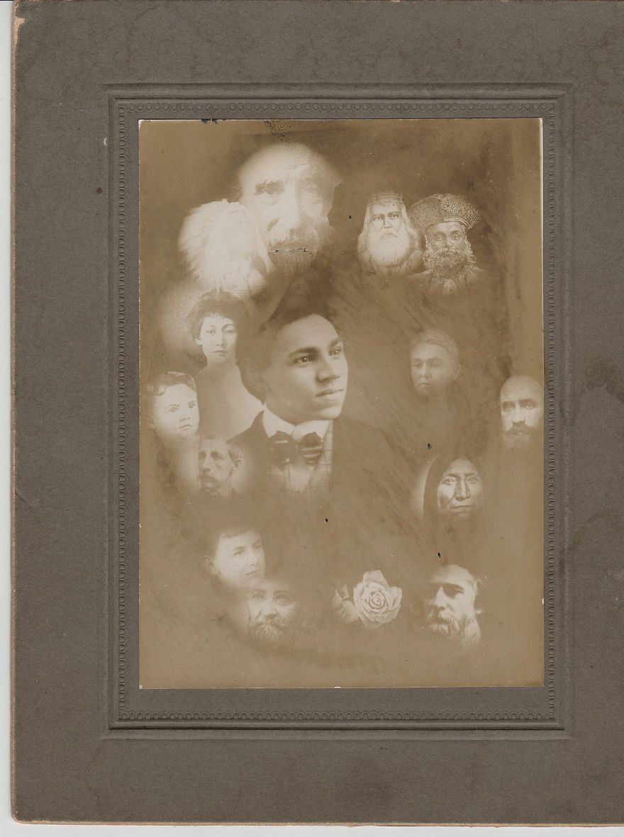 Fotomontaż przedstawia mężczyznę z duchami jego przodków, wykonano ok. 1900 roku.