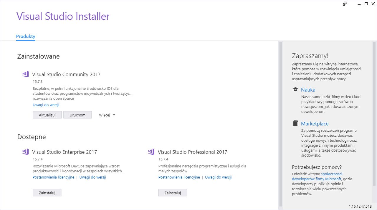 Visual Studio Installer - dzięki tej aplikacji możesz wybrać jakie języki ma wspierać twoje VS