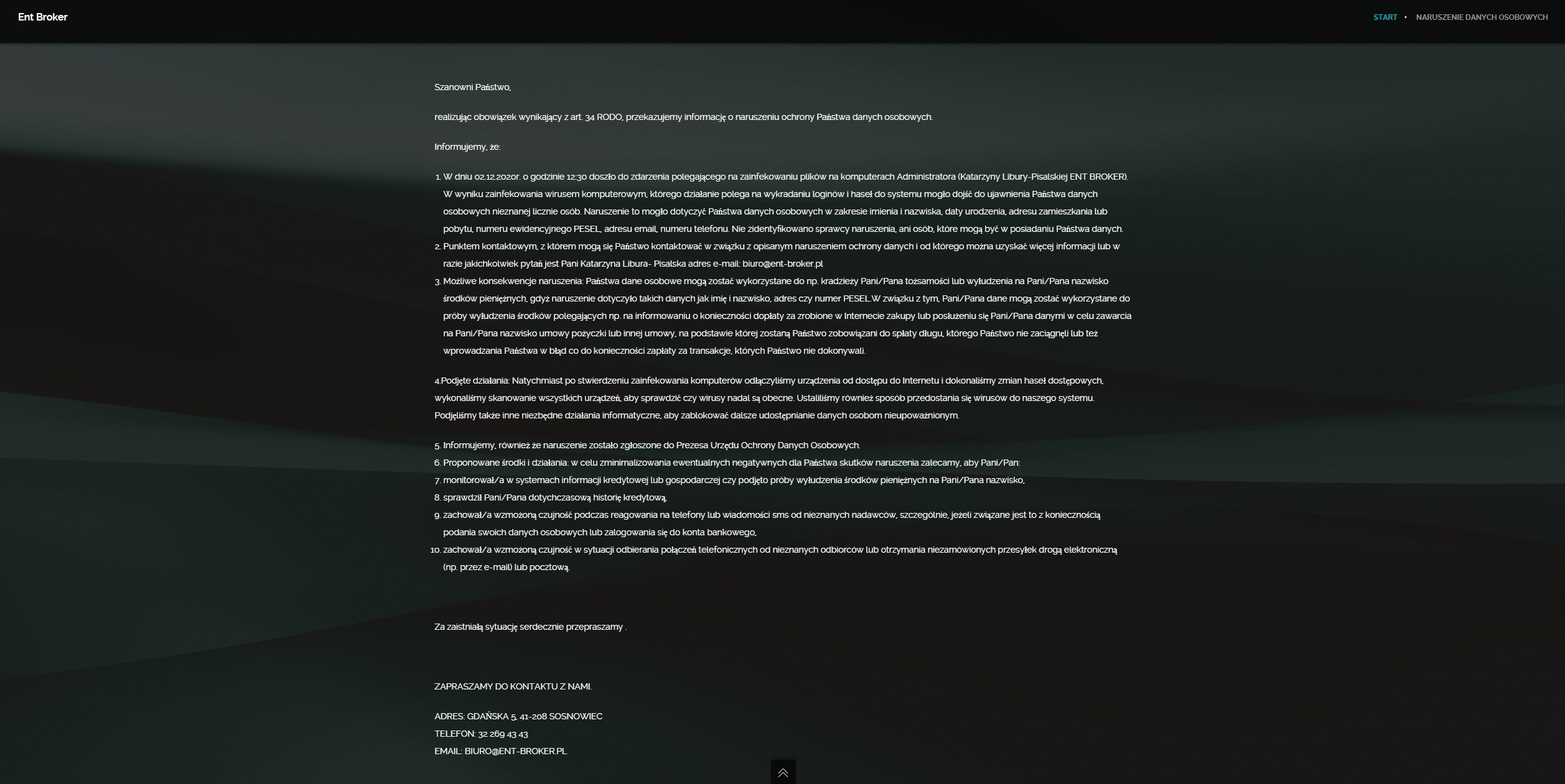 Na stronie firmy Ent Broker pojawiło się oświadczenie, źródło: Ent Broker.