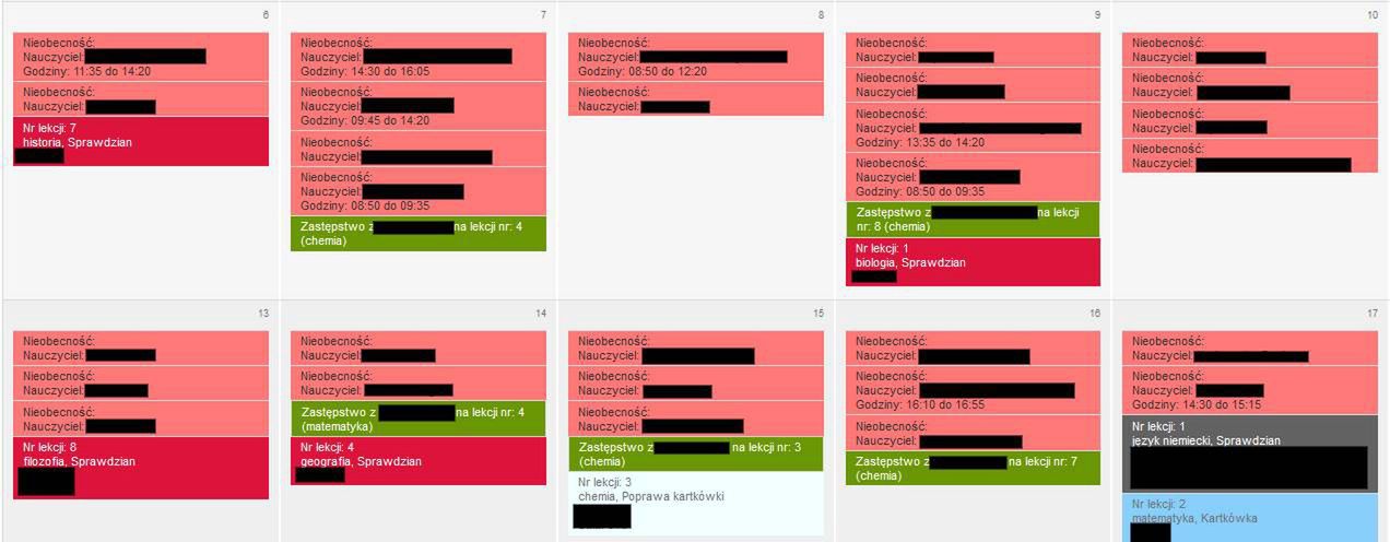 Lista nieobecności nauczycieli w jednym z krakowskich liceów