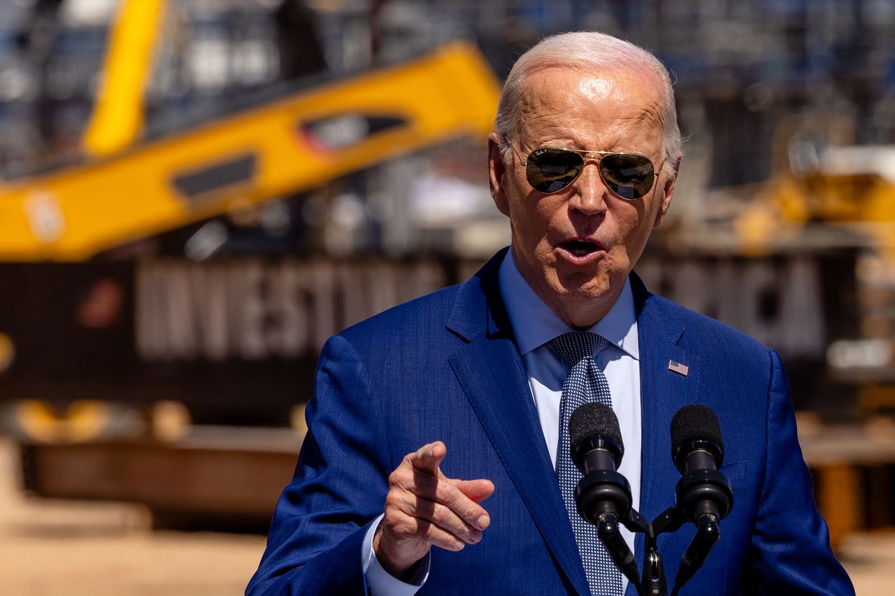 US President Joe Biden during an event at the Intel Ocotillo campus in Chandler, Arizona, US, on Wednesday, March 20, 2024. The US will award Intel Corp. $8.5 billion in grants and as much as $11 billion in loans to help fund an expansion of its semiconductor factories, marking the largest award from a program designed to reinvigorate the domestic chip industry. Photographer: Cassidy Araiza/Bloomberg via Getty Images