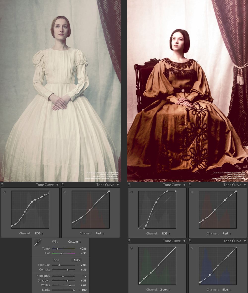 Rok 1859 - Krynolina. Poniżej zdjęcia pokazano ustawienia krzywych tonalnych i innych parametrów zdjęcia w programie Lightroom.