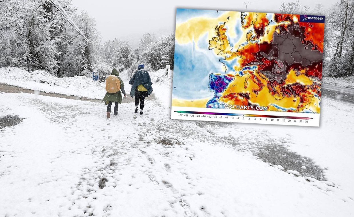 Na zdjęciu pielgrzymi w Hiszpanii, 26.03.2024 r. Na mapie anomalia aktualnych temperatur w Europie w stosunku do średniej z lat 1979-2010