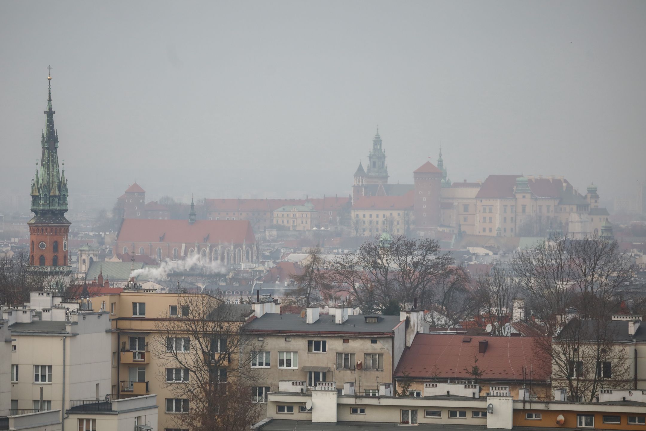 A view over the city of Krakow and the Wawel Castle from Krakus Mound during smog standards many times exceeded. Krakow, Poland on December 16, 2020.  (Photo by Beata Zawrzel/NurPhoto via Getty Images)