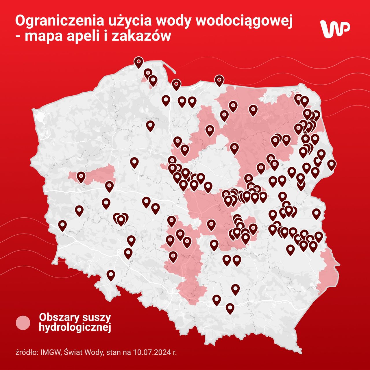 Samorządy, które wydały o apele lub wprowadziły ograniczenie zużycia wody. Na mapie zaznaczono też alerty IMGW o suszy 