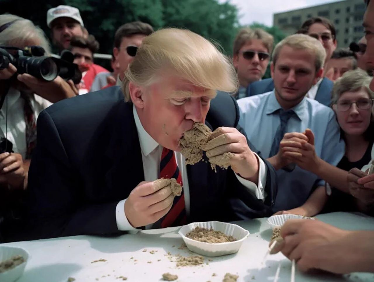 "Donald Trump jedzący cement". Oczywiście grafika jest fałszywa. To NIE jest zdjęcie.