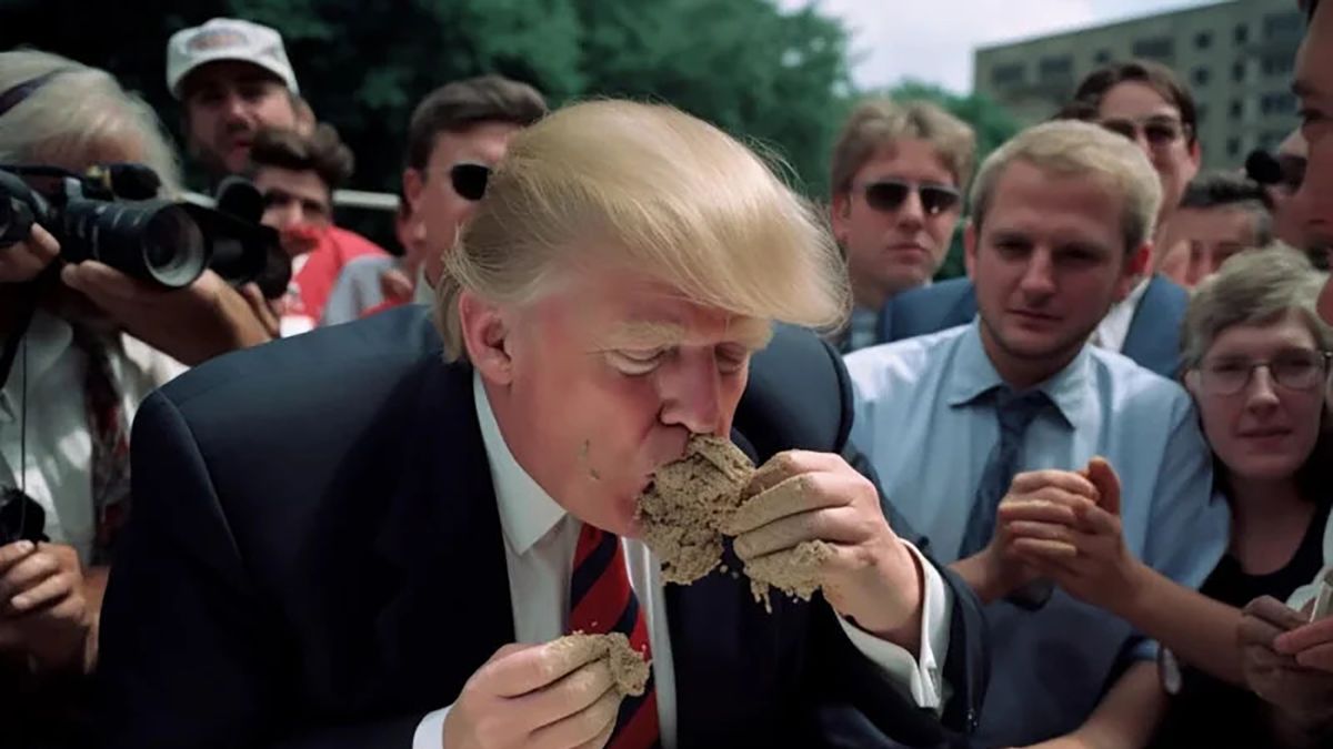"Donald Trump jedzący cement". Oczywiście grafika jest fałszywa. To NIE jest zdjęcie.