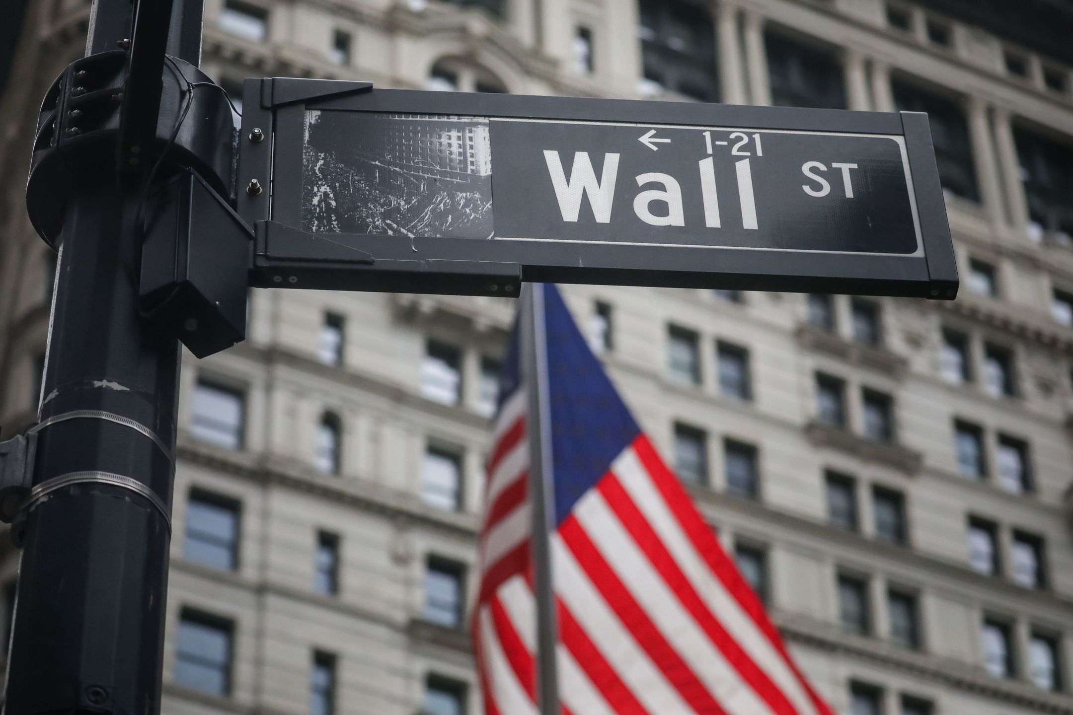 A Wall Street sign near the New York Stock Exchange (NYSE) in New York, US, on Thursday, May 22, 2025. A surge in long-term bond yields is once again threatening to upend a crowded hedge-fund bet that Treasuries will perform better than interest-rate swaps. Photographer: Michael Nagle/Bloomberg via Getty Images