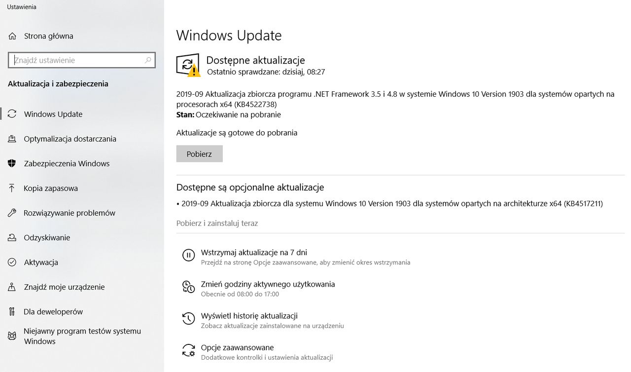 Aktualizacja KB4517211 w ustawieniach Windows Update w Windows 10.