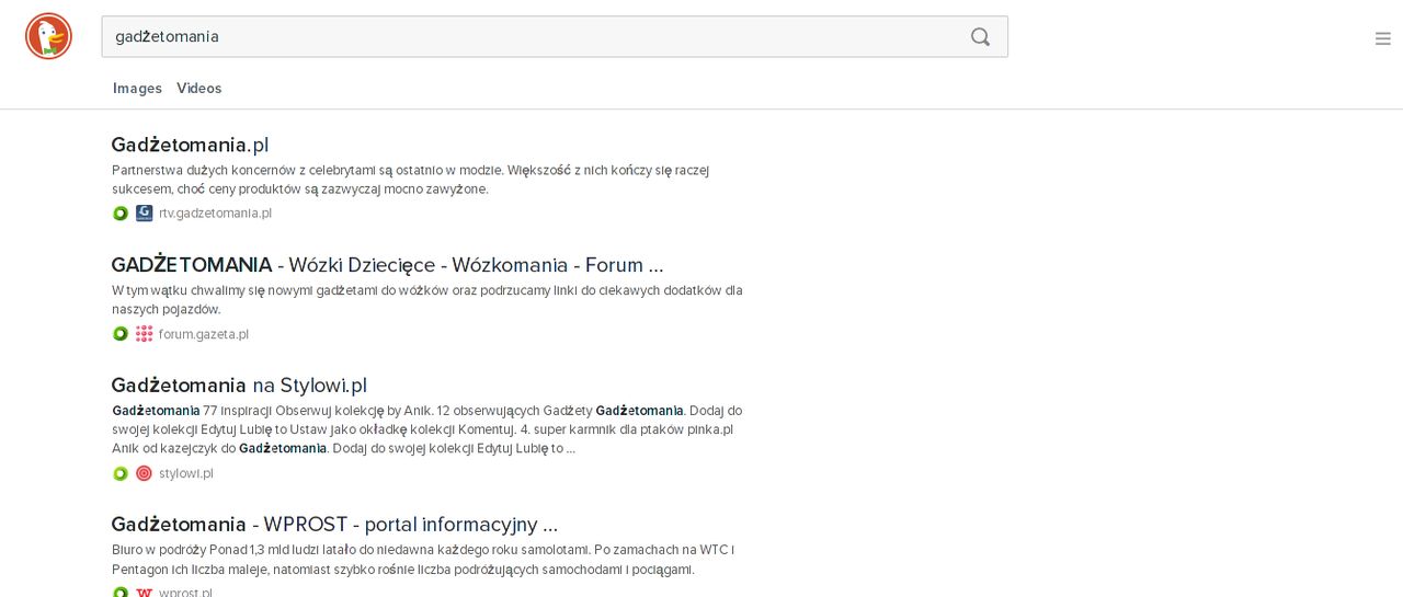 Wynik z DuckDuckGo po wpisaniu frazy "gadżetomania"