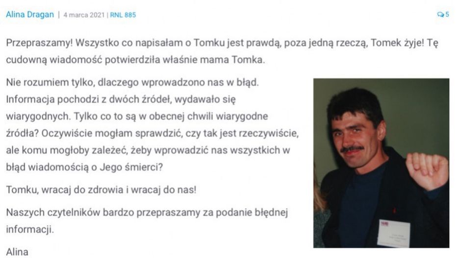 Sprostowanie ws. śmierci Tomasza Wolskiego