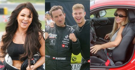 Osobliwy miks celebrytów na torze wyścigowym: Joanna Przetakiewicz i Sylwia Bomba z odkrytymi brzuchami, ubawieni Michał Koterski i Adam Zdrójkowski (ZDJĘCIA)